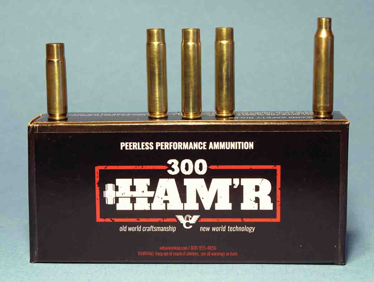 The .300 HAM’R (center) has a case length between the .300 Blackout (far left) and .223 Remington (far right).
